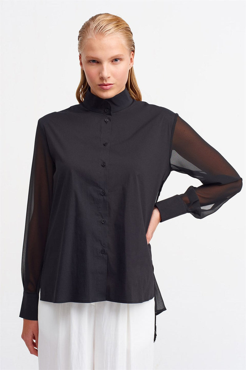 Nu Long Sleeve Back Pleated Asymmetrical Hem Blouse Black