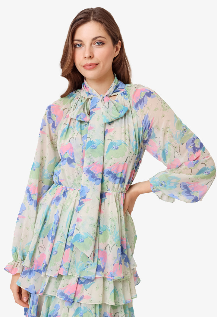 Machka Floral Printed Layered Dress Oil