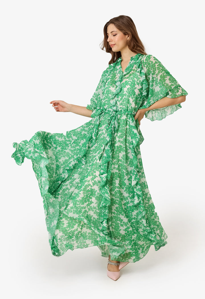 Machka Floral Printed Flowy Dress Green