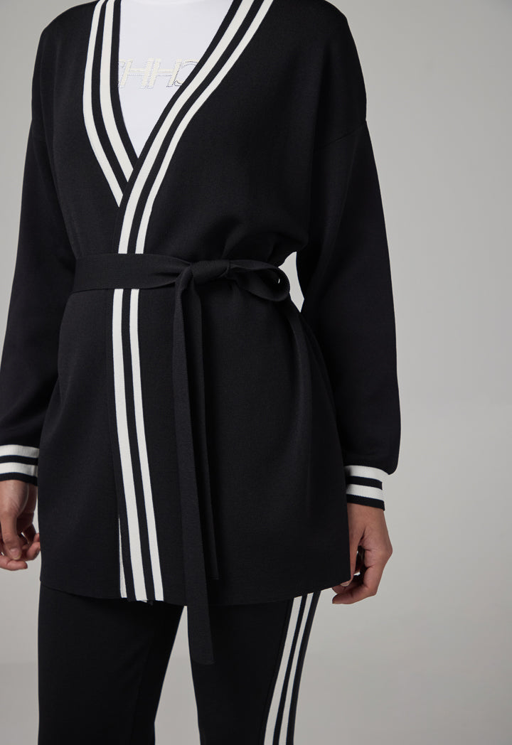 Choice Contrast Knitted Belted Cardigan Black