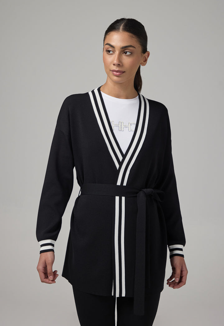 Choice Contrast Knitted Belted Cardigan Black