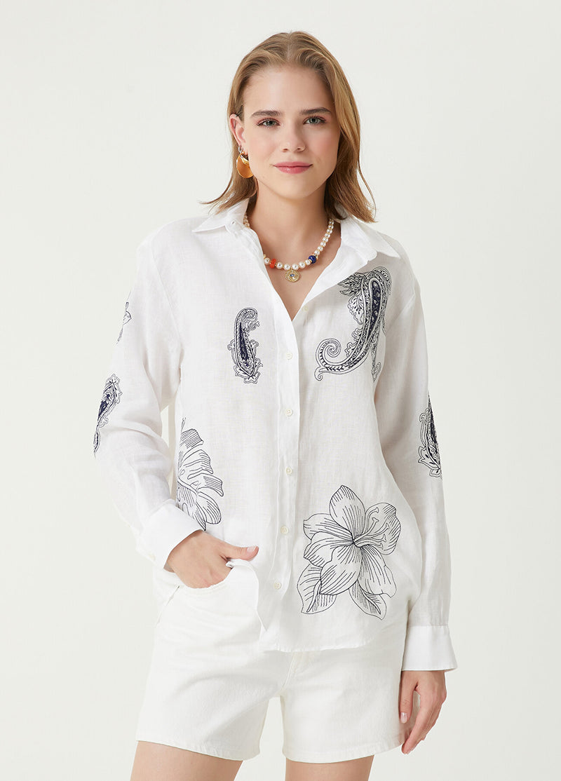 Beymen Club Paisley Embroidered Linen Shirt White