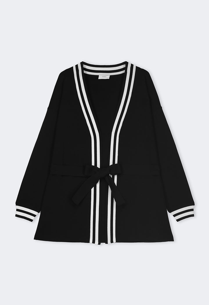 Choice Contrast Knitted Belted Cardigan Black