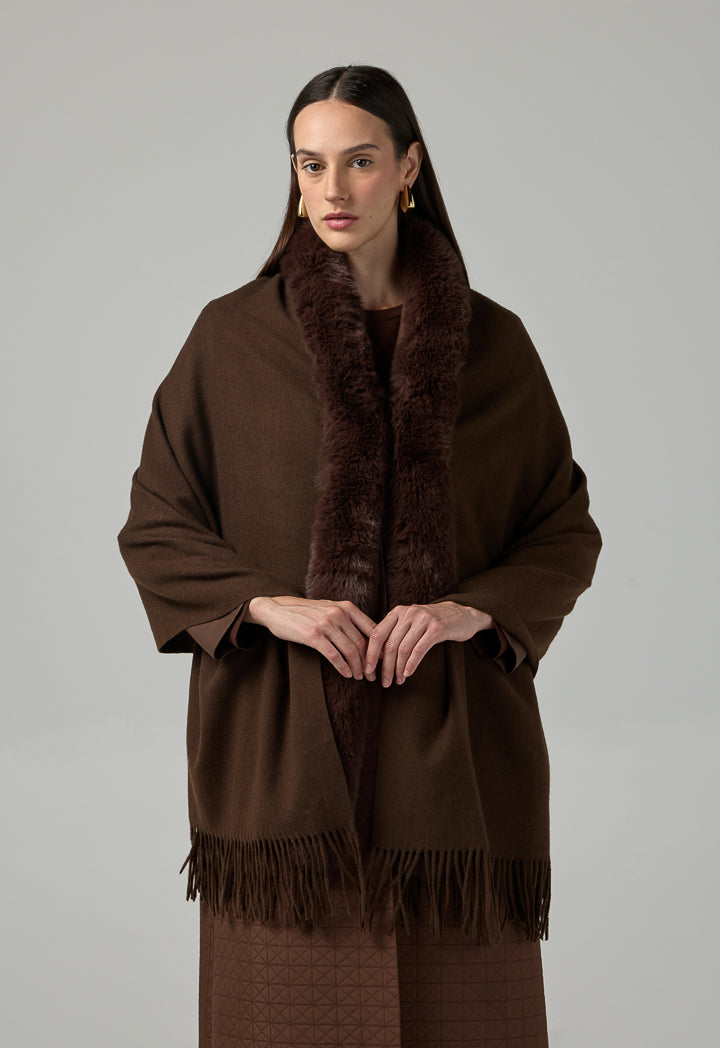 Choice Faux Fur Embellished Shawl Dark Brown