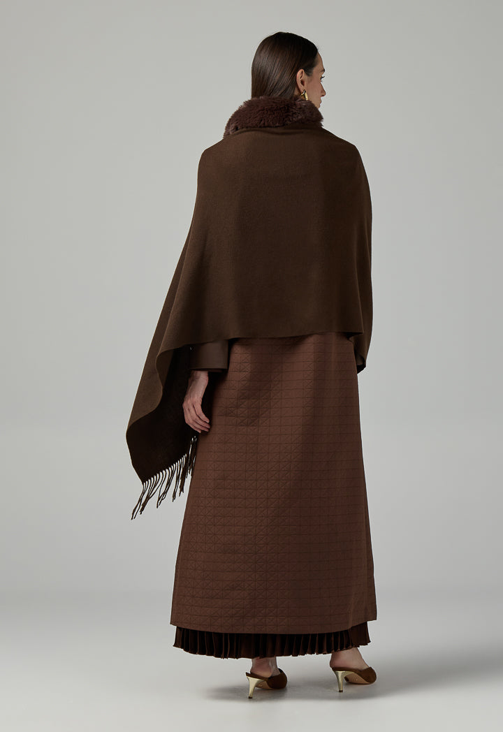 Choice Faux Fur Embellished Shawl Dark Brown
