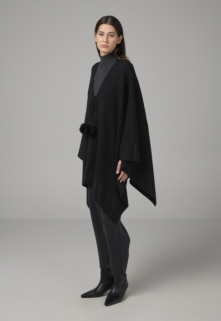 Choice Tie Neck Knitted Poncho Black