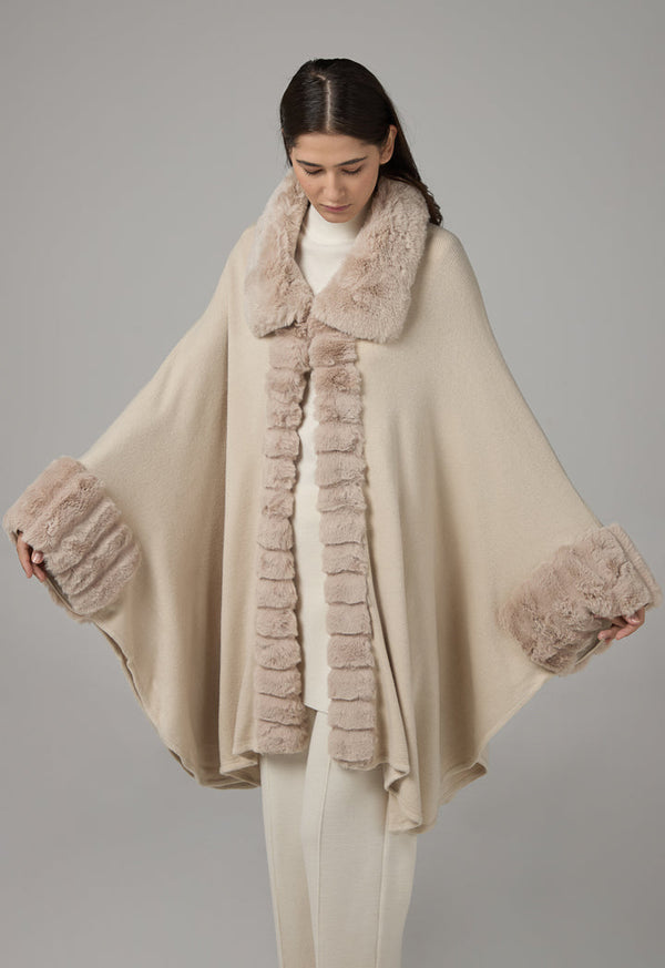 Choice Faux Fur Collar Poncho Nude