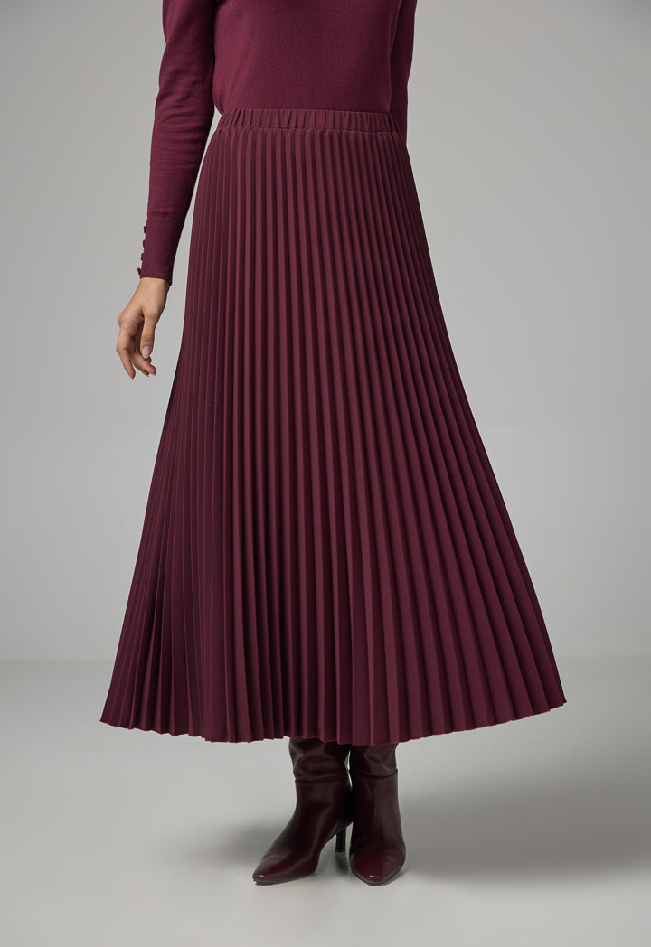 Choice Solid Pleated Maxi Skirt Burgundy