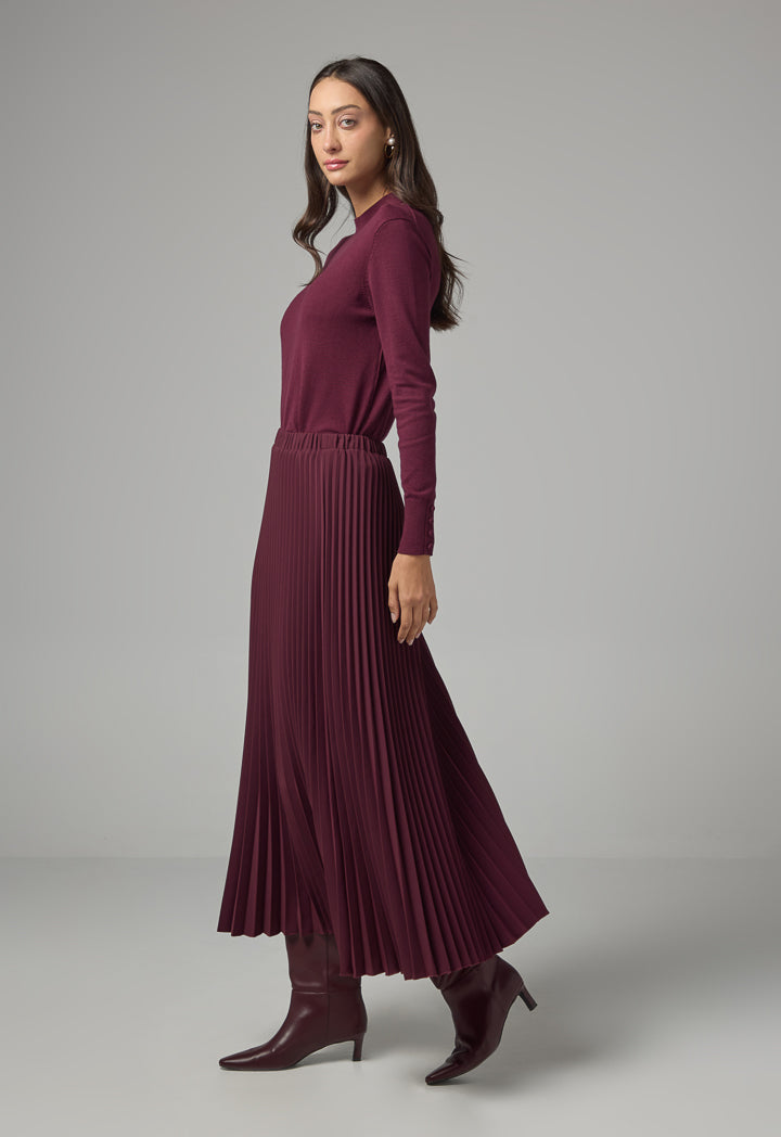 Choice Solid Pleated Maxi Skirt Burgundy