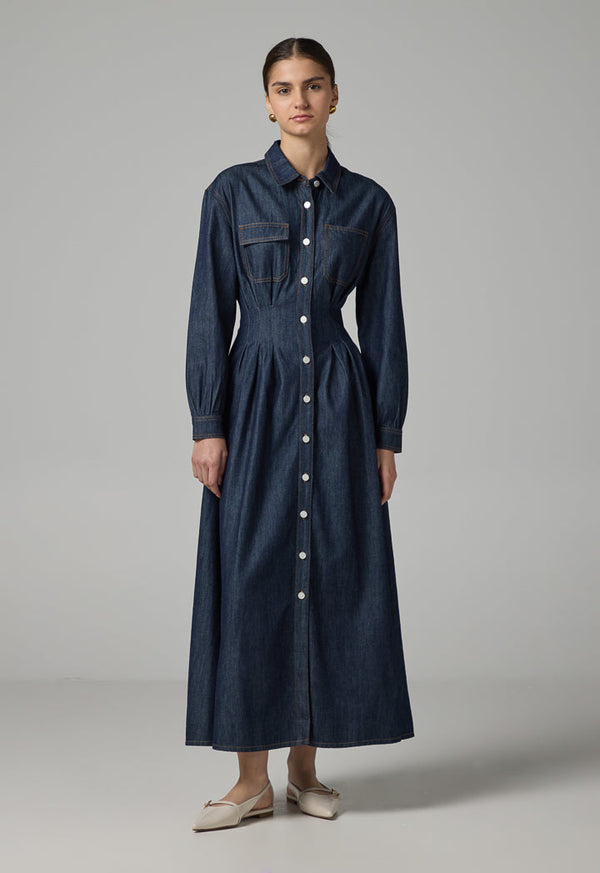 Choice Long Sleeve Solid Denim Dress Indigo