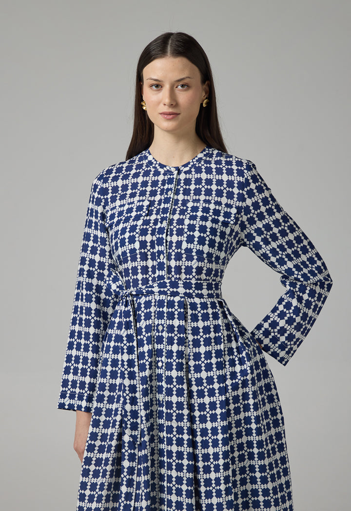 Choice Geometrical Print Pleated Belted Shirt Dress Multi Color