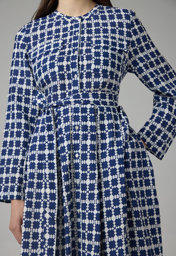 Choice Geometrical Print Pleated Belted Shirt Dress Multi Color
