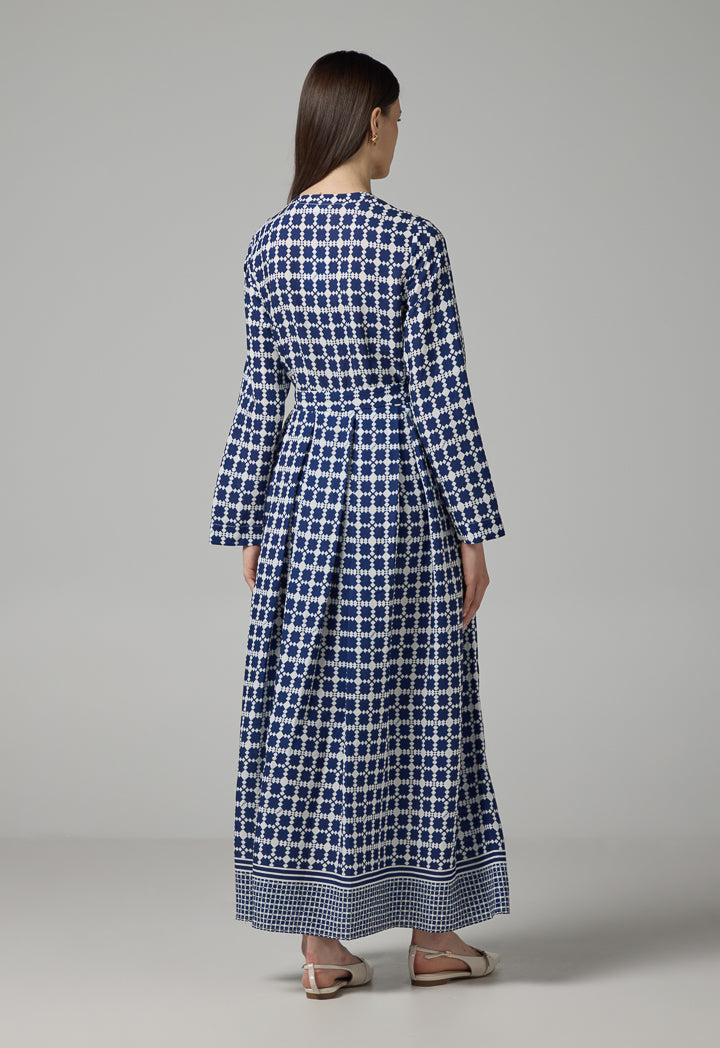 Choice Geometrical Print Pleated Belted Shirt Dress Multi Color