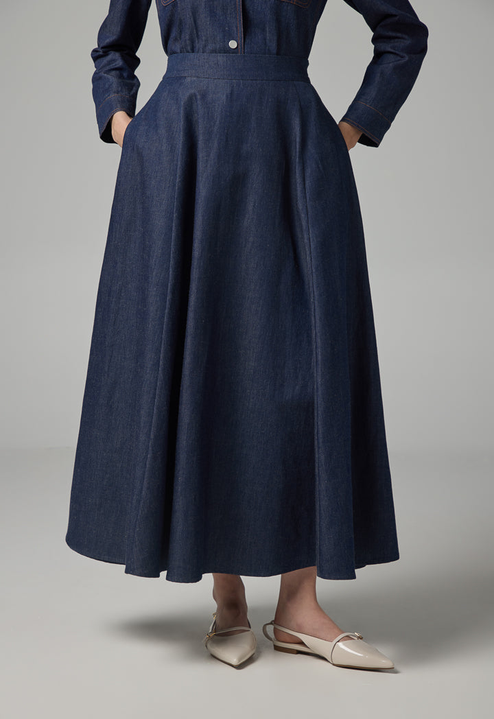 Choice Solid Flared Denim Skirt Indigo
