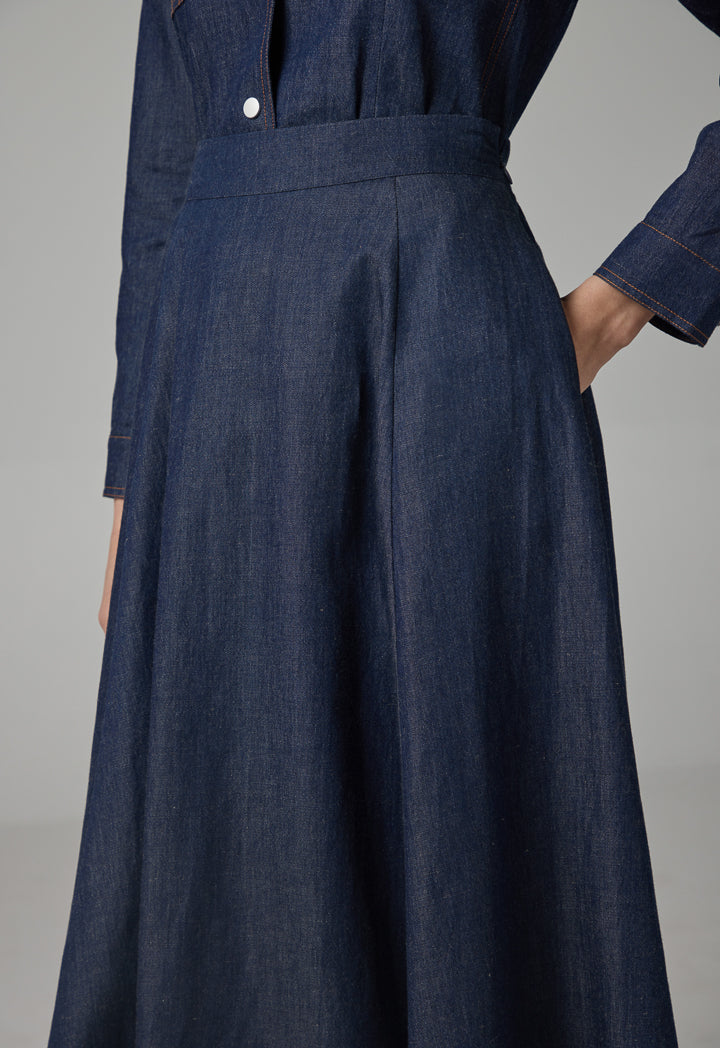 Choice Solid Flared Denim Skirt Indigo