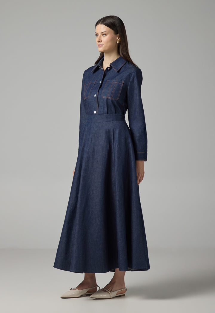 Choice Solid Flared Denim Skirt Indigo