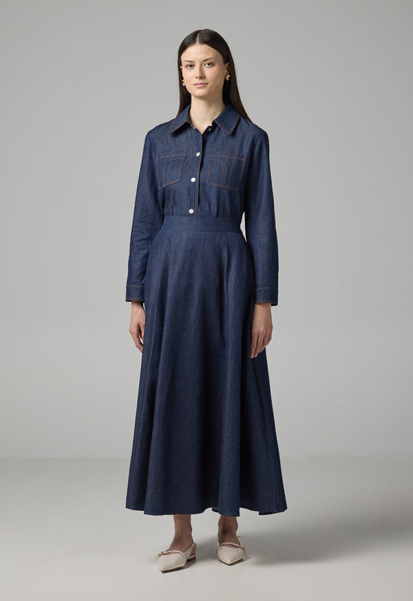 Choice Solid Flared Denim Skirt Indigo