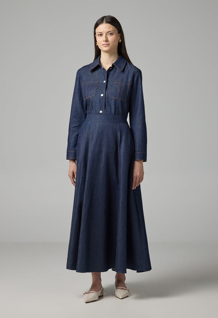 Choice Solid Flared Denim Skirt Indigo