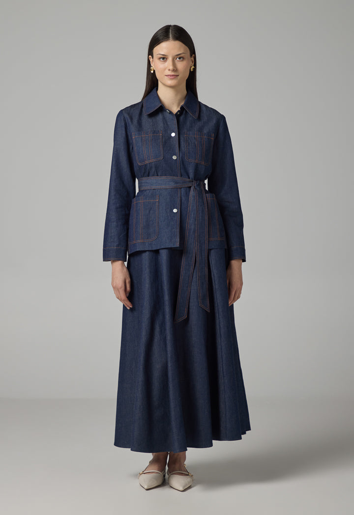 Choice Solid Front Pockets Belted Jacket Indigo