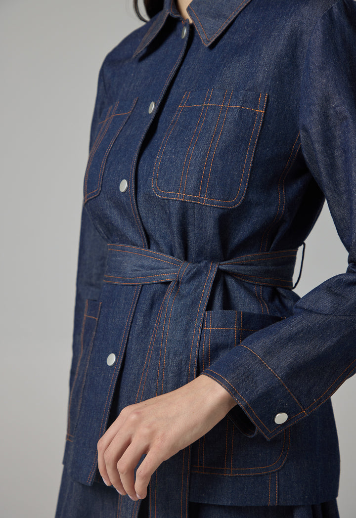 Choice Solid Front Pockets Belted Jacket Indigo