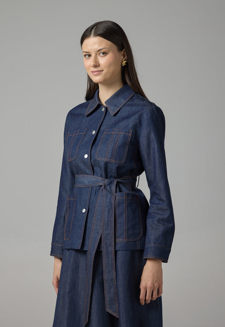 Choice Solid Front Pockets Belted Jacket Indigo