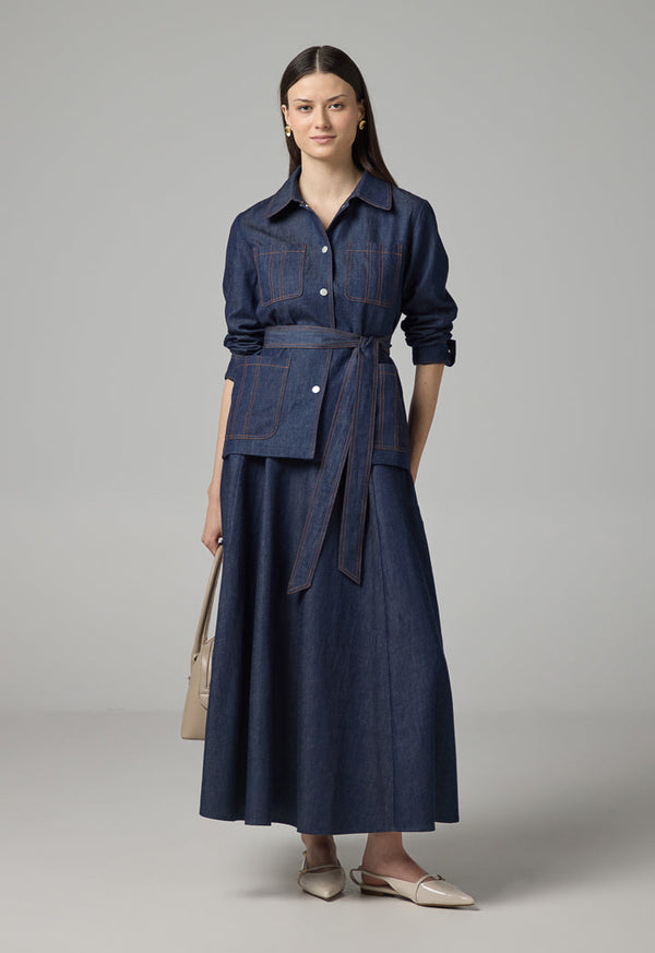 Choice Solid Front Pockets Belted Jacket Indigo