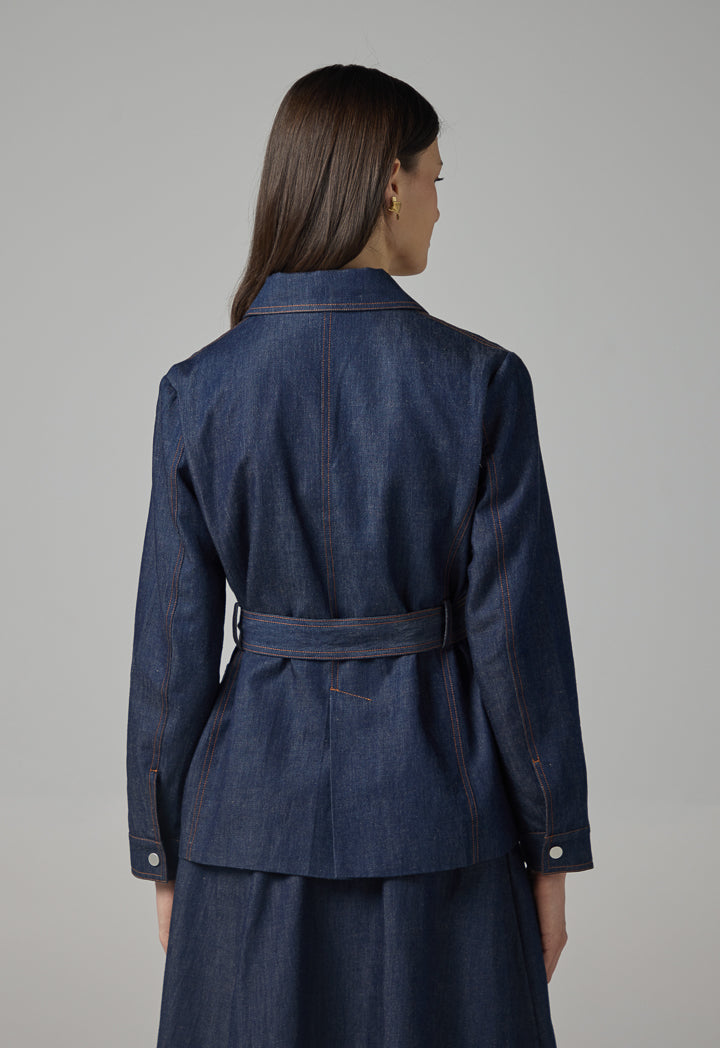 Choice Solid Front Pockets Belted Jacket Indigo