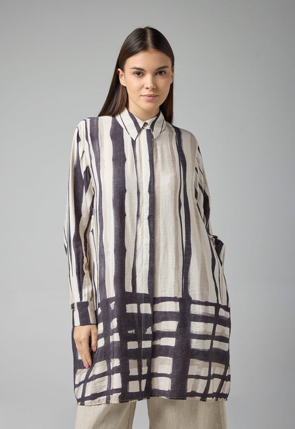 Choice Long Sleeve Striped Midi Shirt Multi Color