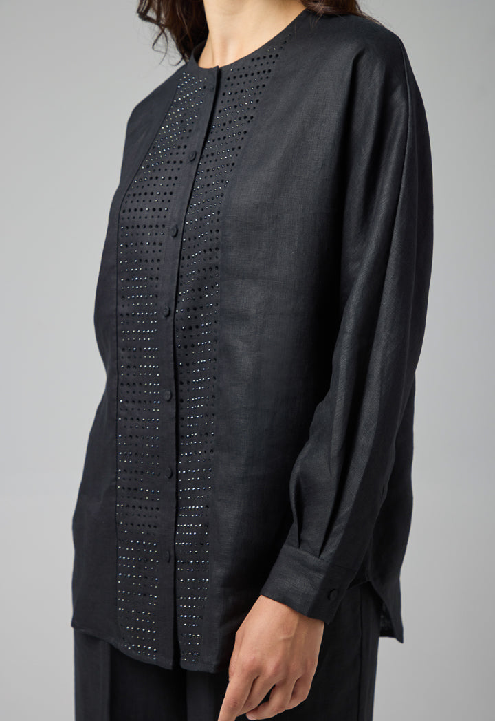 Choice Long Kimono Sleeves Linen Shirt Black