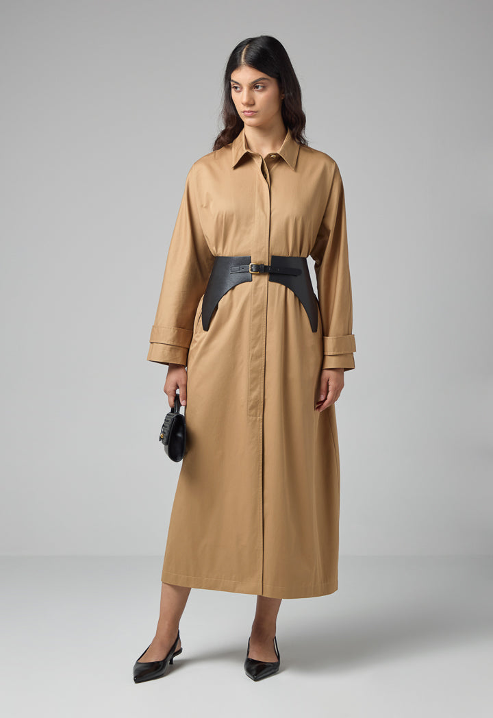 Choice Solid Belted Maxi Coat Camel