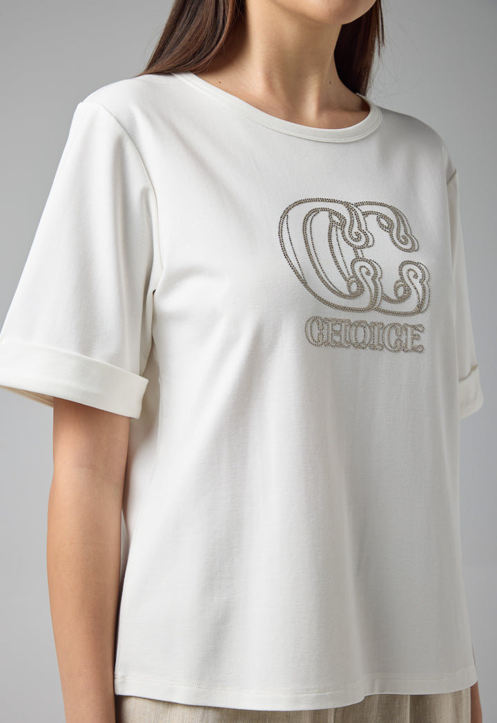 Choice Solid Crystal Embellished T-Shirt Off White