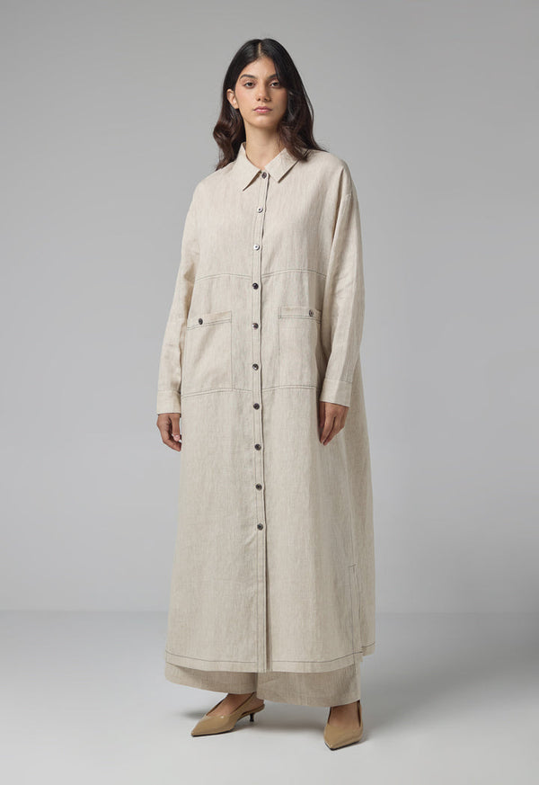 Choice Front Pockets Linen Shirt Dress Beige