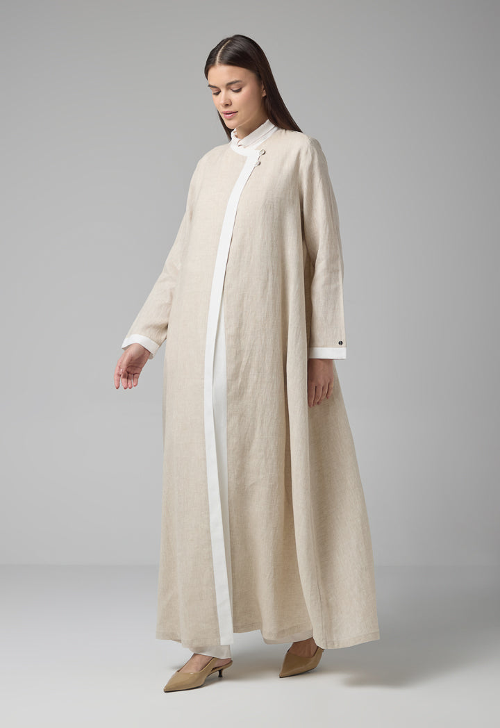 Choice Contrast Linen Maxi Abaya With Hijab Beige Melange