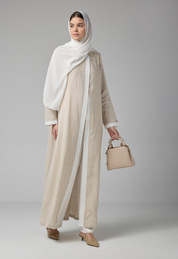 Choice Contrast Linen Maxi Abaya With Hijab Beige Melange