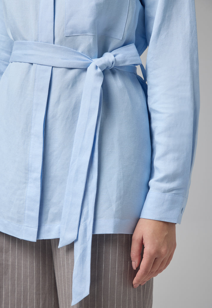 Choice Solid Long Sleeve Belted Shirt Blue