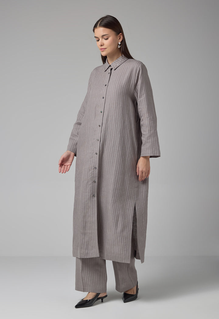 Choice Striped Belted Shirt Dress Grey