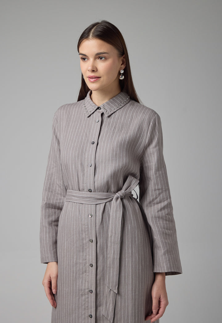 Choice Striped Belted Shirt Dress Grey