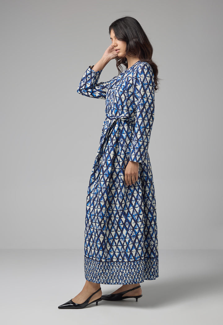 Choice Geometric Printed Belted Dress Indigo