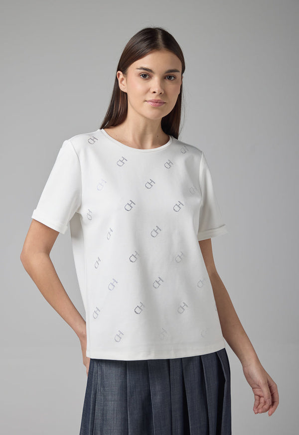 Choice Monogram Crystal Embellished Solid T-Shirt Off White