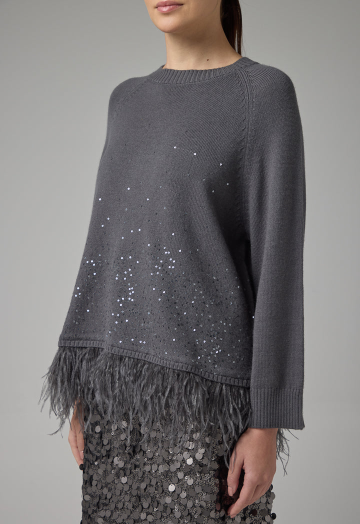 Choice Knitted Tweed Feather Details Sweater  Grey