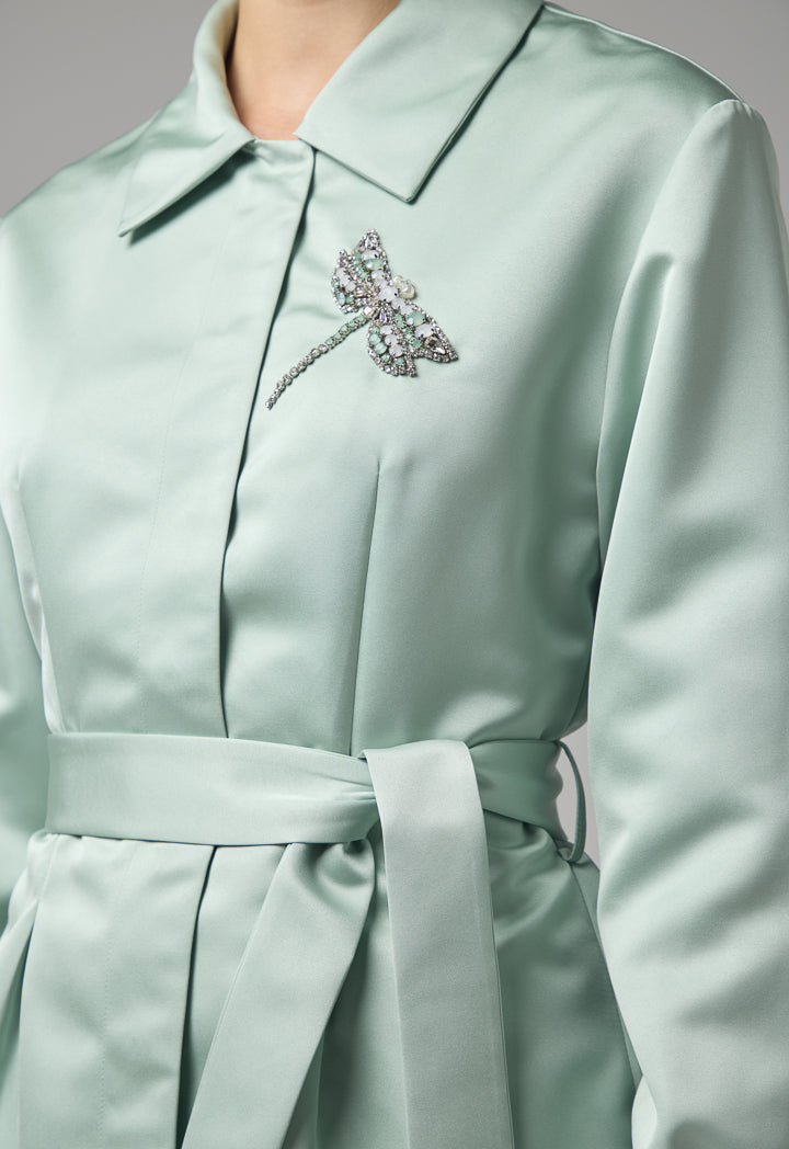 Choice Solid Crystal Embellished Belted Shirt Mint