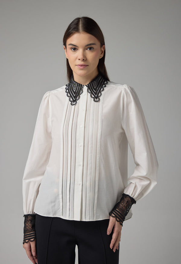 Choice Contrast Long Sleeves Schiffli Shirt Off White