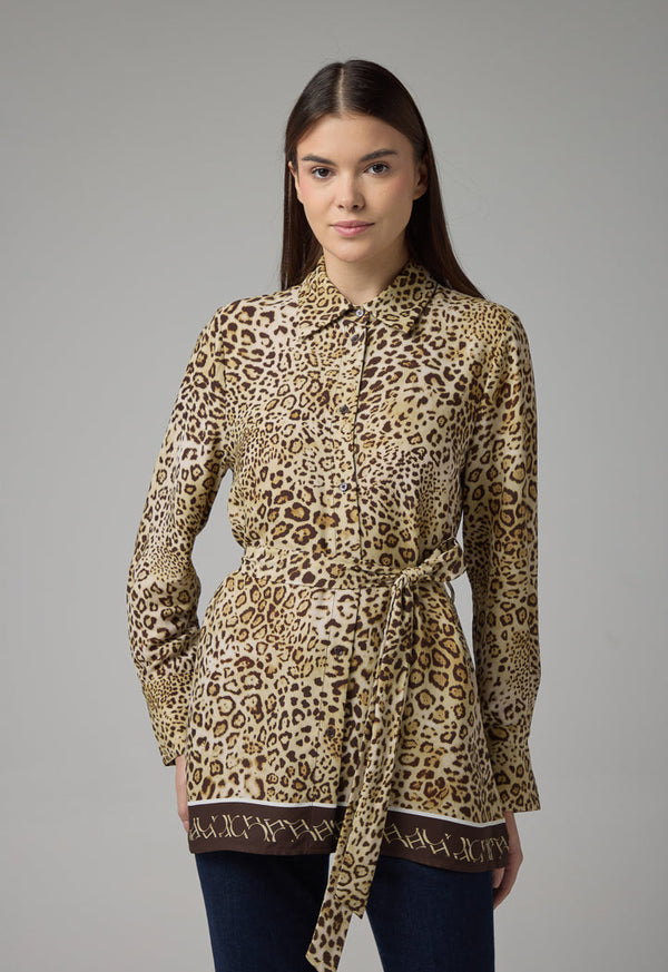 Choice Leopard Print Regular Fit Belted Shirt Brown