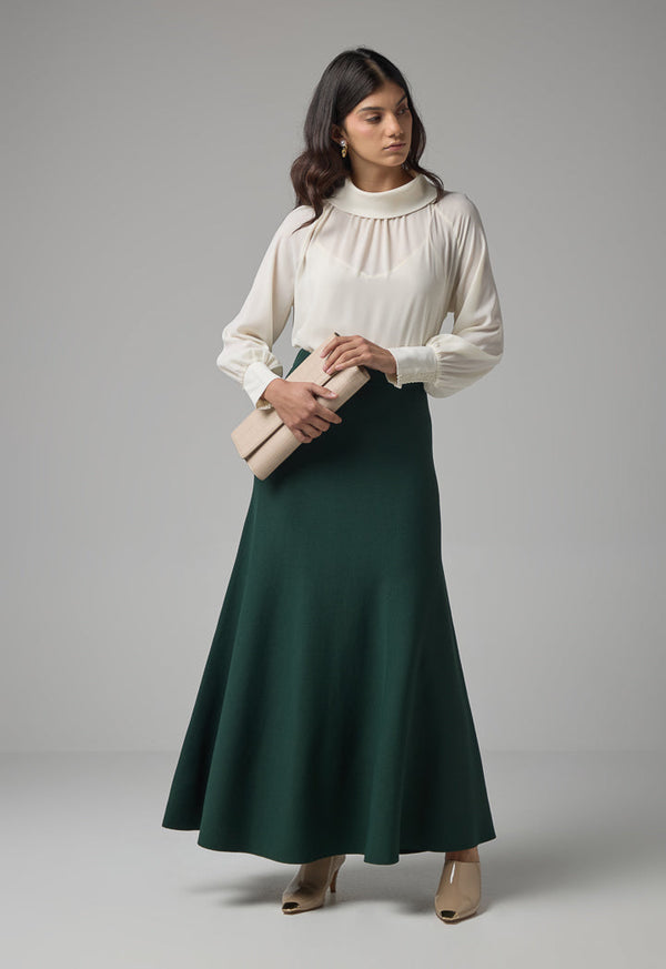 Choice Solid Knitted Flared Skirt Green