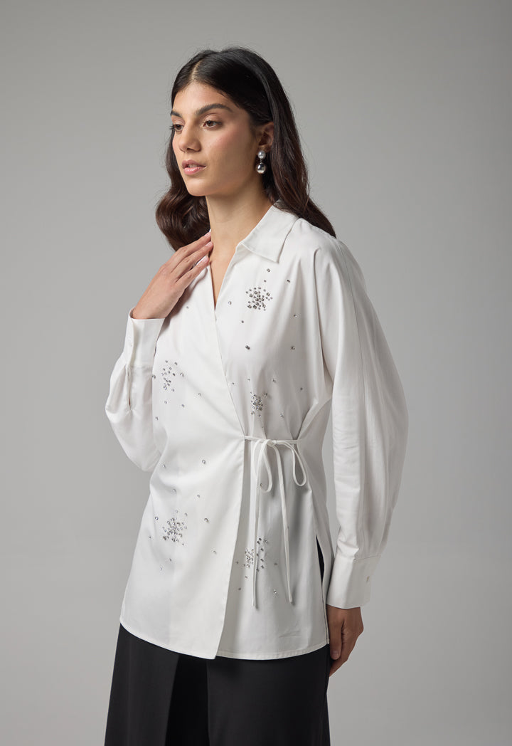 Choice Solid Crystal Embellished Shirt Off White