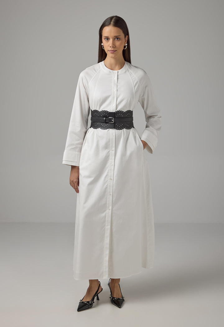 Choice Solid Mandarin Collar Maxi Dress Off White