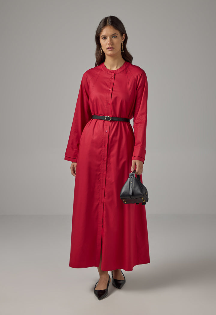 Choice Solid Mandarin Collar Maxi Dress Red