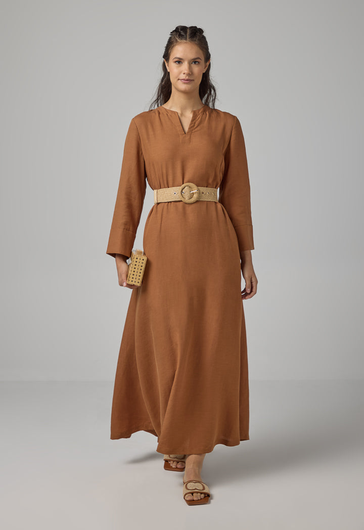 Choice Solid Flared Belted Dress Caramel