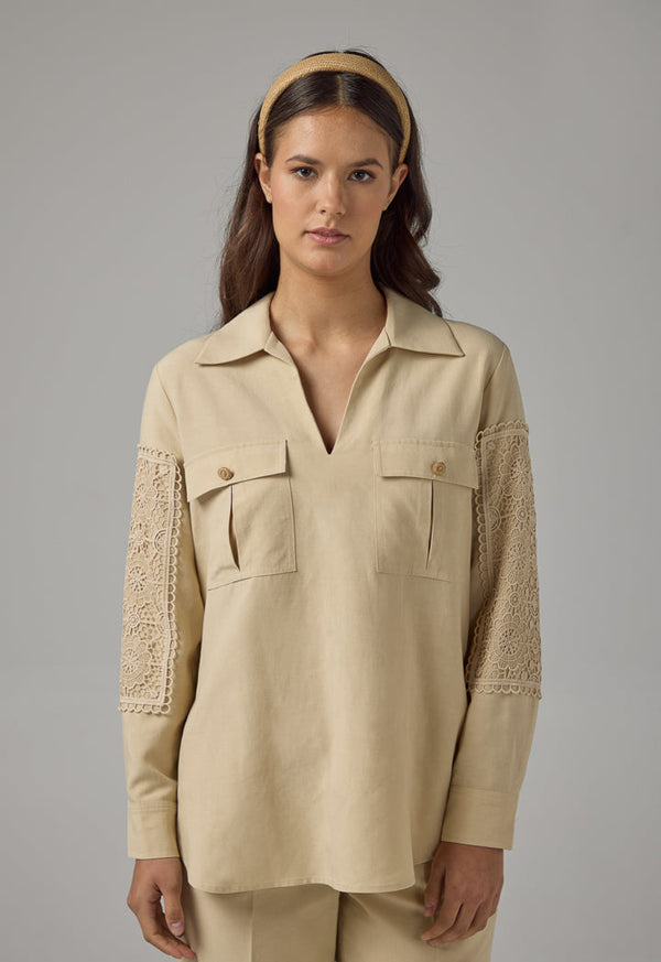 Choice Long Sleeves Crochet Shirt Beige