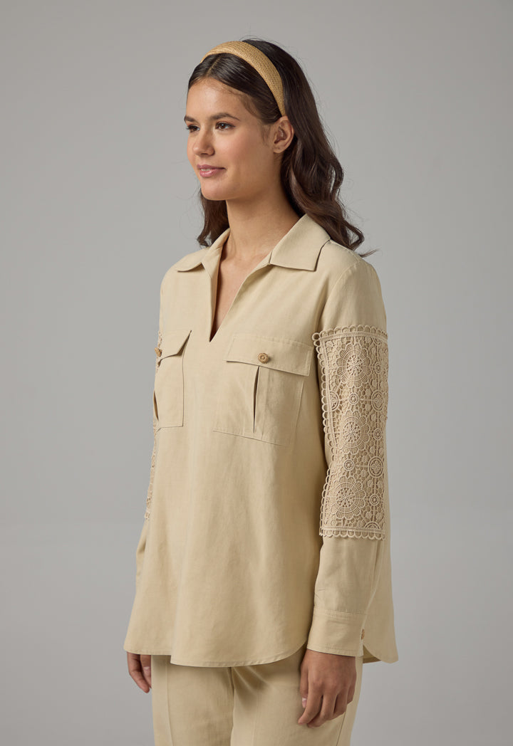 Choice Long Sleeves Crochet Shirt Beige